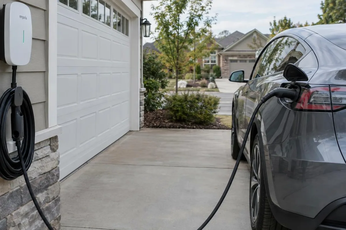 Emporia EV charger mounted on the outside wall of a garage, charging a gray electric SUV in the driveway